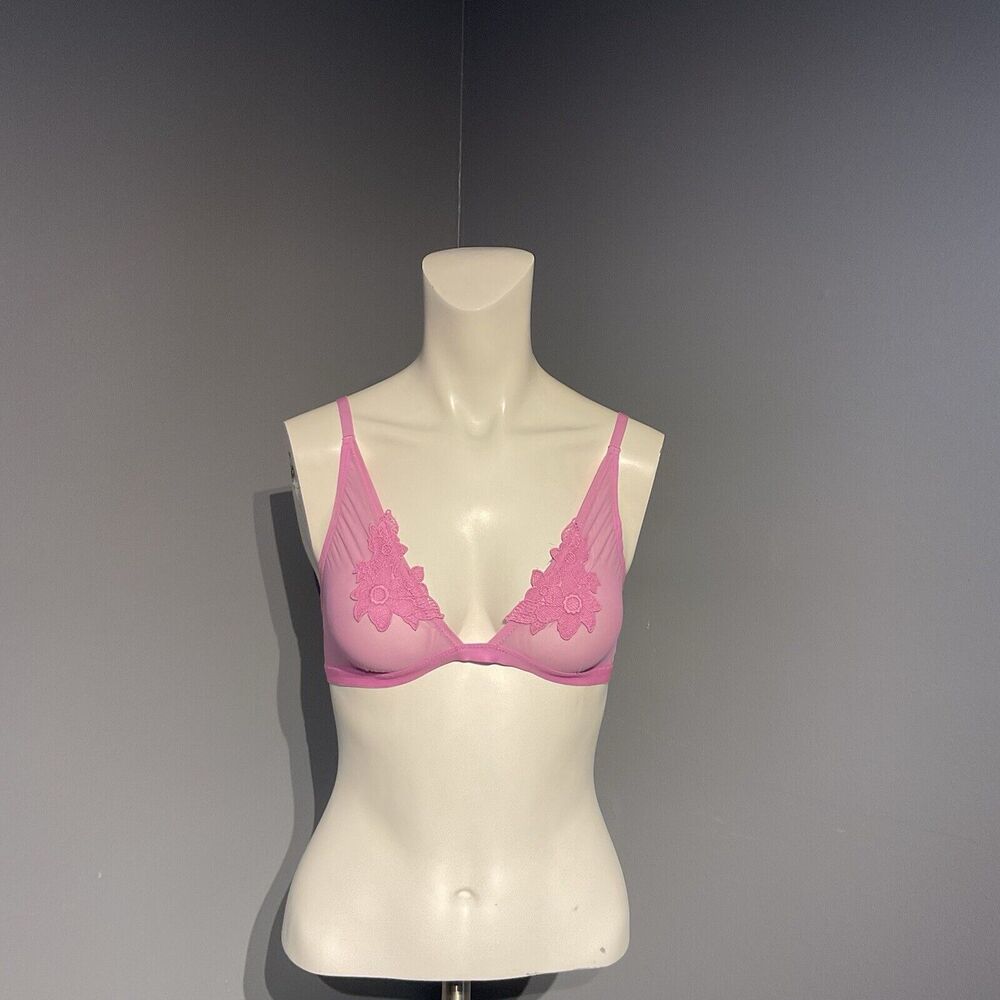 Aerie Pink Bra Size Large Sheer Floral Cover Double Straps